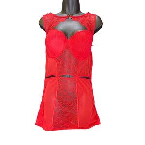 Sexy‎ Red Lace Sheer Babydoll Lingerie Dress Cutout  XL Sheer Stripper Hot  Goth